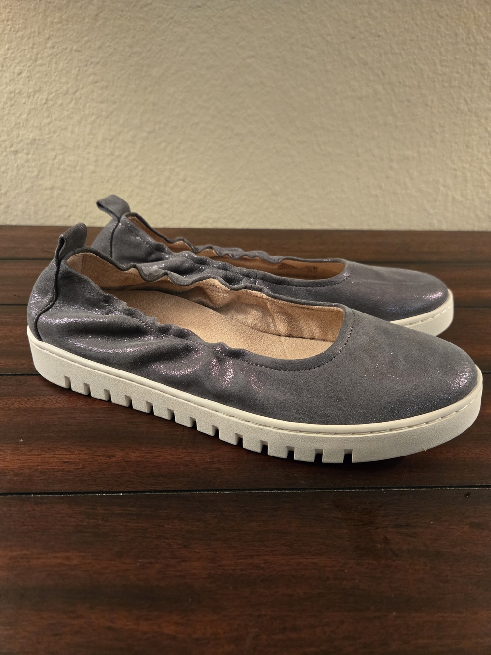 Vionic Gray Shimmer Slip-On Ballet Flats with White Sole
